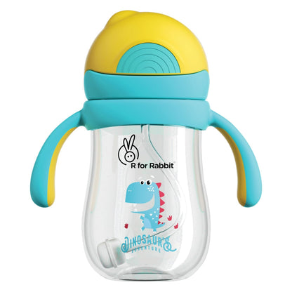 R for Rabbit Tritan Dino Straw Sipper Bottle-With Gravity Ball Weighted Straw-Twin Handle-Yellow Blue-320 ml