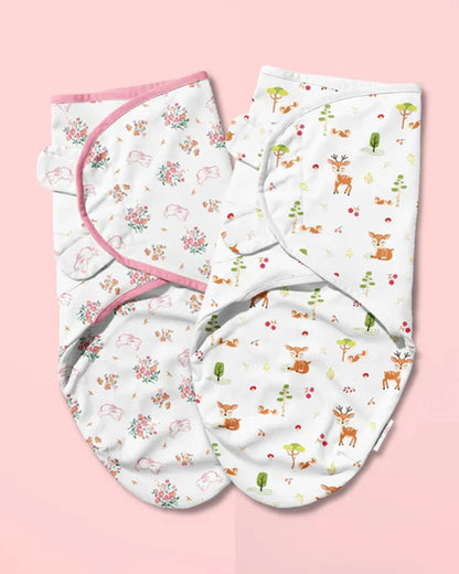 Haus & Kinder Easy Wrap Swaddle-Magical Garden-White & Pink-100% Cotton-Pack of 2-For Infants