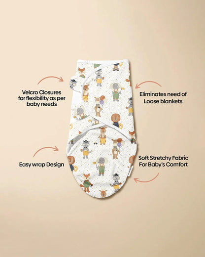 Haus & Kinder Dreamsack Easy Wrap Swaddle-Jungle Party-White-100% Cotton-For Infants