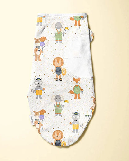 Haus & Kinder Dreamsack Easy Wrap Swaddle-Jungle Party-White-100% Cotton-For Infants