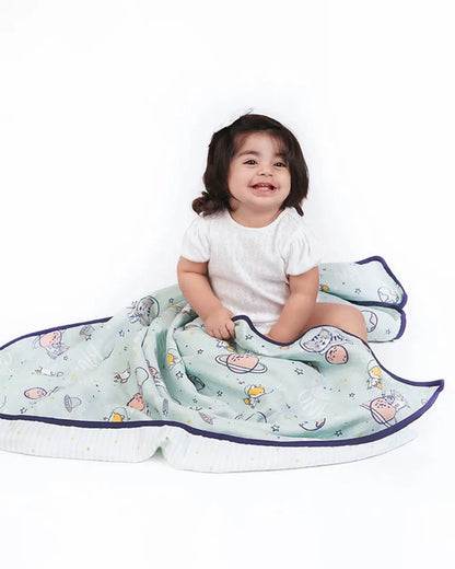 Haus & Kinder Spacewalk Reversible Blanket-Blue-100% Cotton  Muslin-For Infants