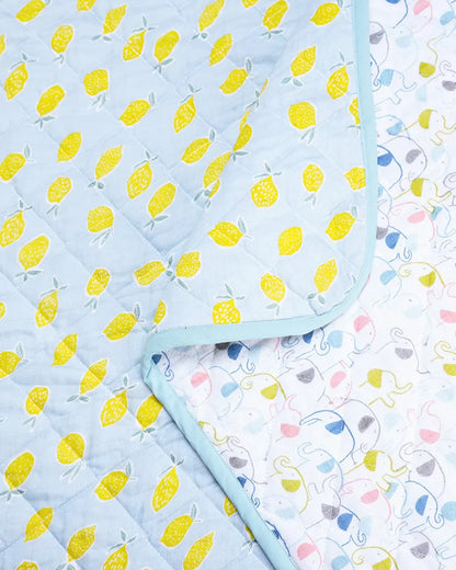 Haus & Kinder Fruit & Brute Reversible Quilt-Blue & Yellow-100% Cotton  Muslin-For Infants