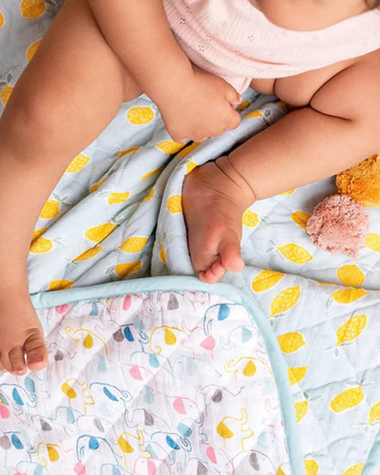Haus & Kinder Fruit & Brute Reversible Quilt-Blue & Yellow-100% Cotton  Muslin-For Infants