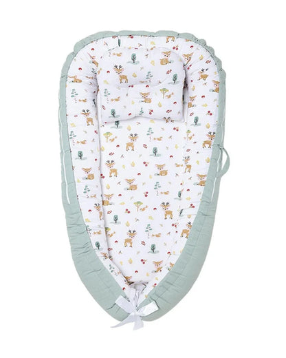 Haus & Kinder Baby Sleeping Nest-Baby Gadda Set-Whimsical Woodland-100% Cotton  Muslin-White & Sea Green-For Infants