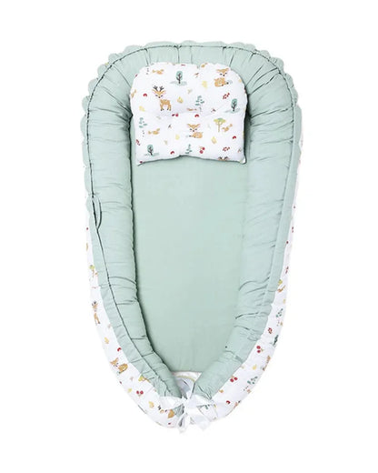 Haus & Kinder Baby Sleeping Nest-Baby Gadda Set-Whimsical Woodland-100% Cotton  Muslin-White & Sea Green-For Infants
