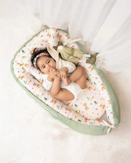 Haus & Kinder Baby Sleeping Nest-Baby Gadda Set-Whimsical Woodland-100% Cotton  Muslin-White & Sea Green-For Infants