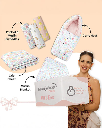 Haus & Kinder Ditsy Floral Bedtime Cuddle Gift Set-Pack of 6-Gift For Baby Shower & Baby Birthday
