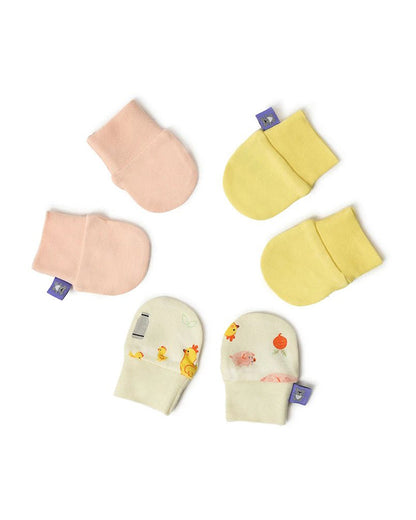 Mi Arcus Yellow, Pink & Multicolor Mittens-Solid-Cotton-Pack of 3-For Infants