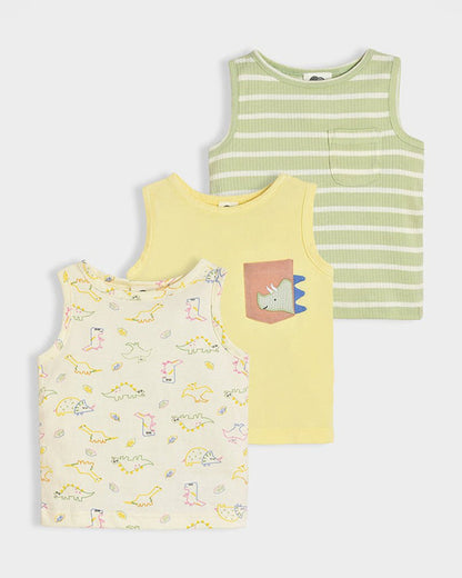 Mi Arcus Green, Yellow & Multicolor Vest-Dinomite Raury-Cotton-Pack of 3-For Infants