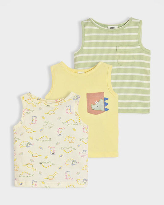 Mi Arcus Green, Yellow & Multicolor Vest-Dinomite Raury-Cotton-Pack of 3-For Infants