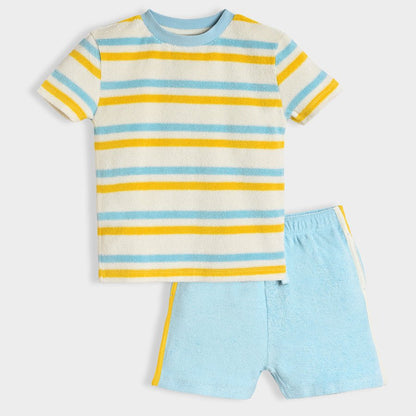 Mi Arcus Yellow & Blue Coord Set-Striped-Cotton-For Infants