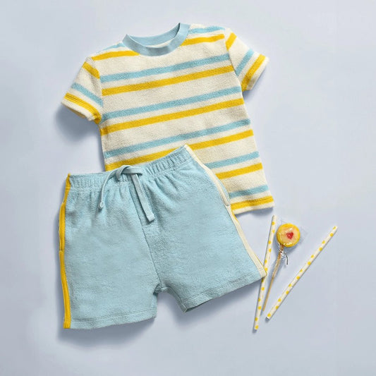 Mi Arcus Yellow & Blue Coord Set-Striped-Cotton-For Infants