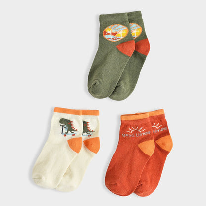 Mi Arcus Green, White & Multicolor Socks-Dinomite Earthy-Cotton-Pack of 3-For Infants