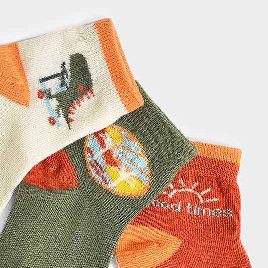 Mi Arcus Green, White & Multicolor Socks-Dinomite Earthy-Cotton-Pack of 3-For Infants