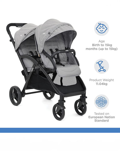 Joie Evalite Duo Twin Stroller-Multiple Recline Positions-Adjustable Leg Rest-Pram For 0 to 3Y (Upto 15 Kg)-Grey Flannel