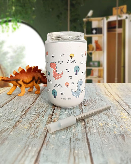 Earthism Double Wall Insulated Stainless Steel Tumbler-Dino-With Lid & Straw-For Infants