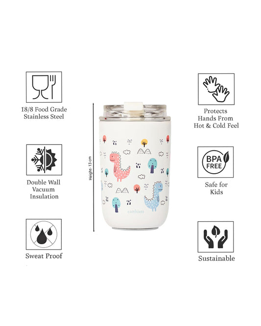 Earthism Double Wall Insulated Stainless Steel Tumbler-Dino-With Lid & Straw-For Infants