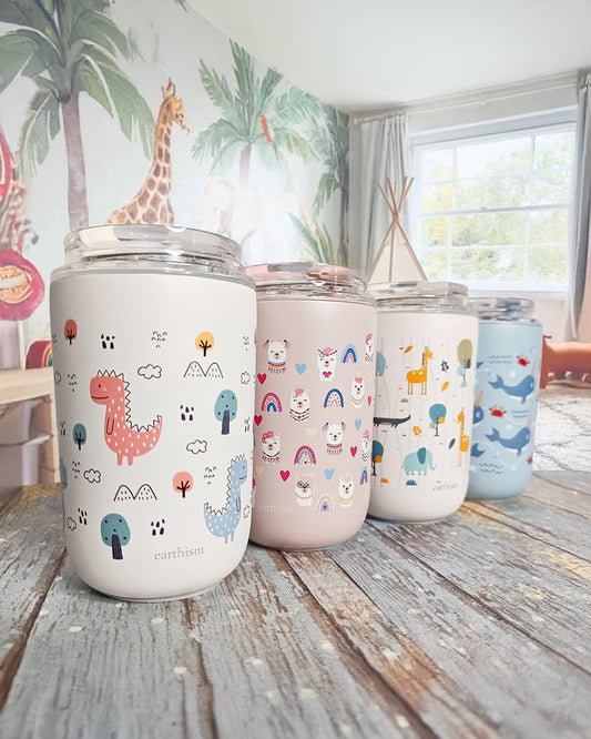 Earthism Double Wall Insulated Stainless Steel Tumbler-Dino-With Lid & Straw-For Infants