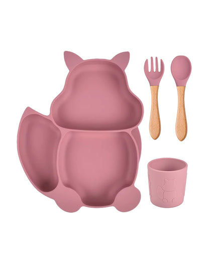 Earthism Silicone Meal Set-Clever Fox Berry-With Suction Plate-Set of 4-For Feeding Infants