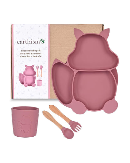 Earthism Silicone Meal Set-Clever Fox Berry-With Suction Plate-Set of 4-For Feeding Infants