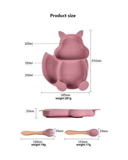 Earthism Silicone Meal Set-Clever Fox Berry-With Suction Plate-Set of 4-For Feeding Infants