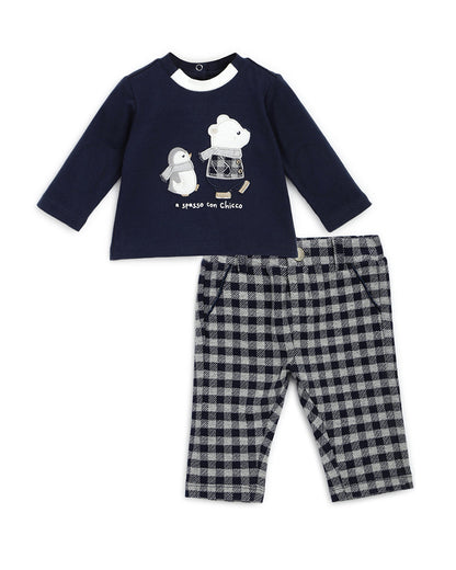 Chicco Navy Blue T-Shirt & Pant Set-Printed-Cotton-For Infants