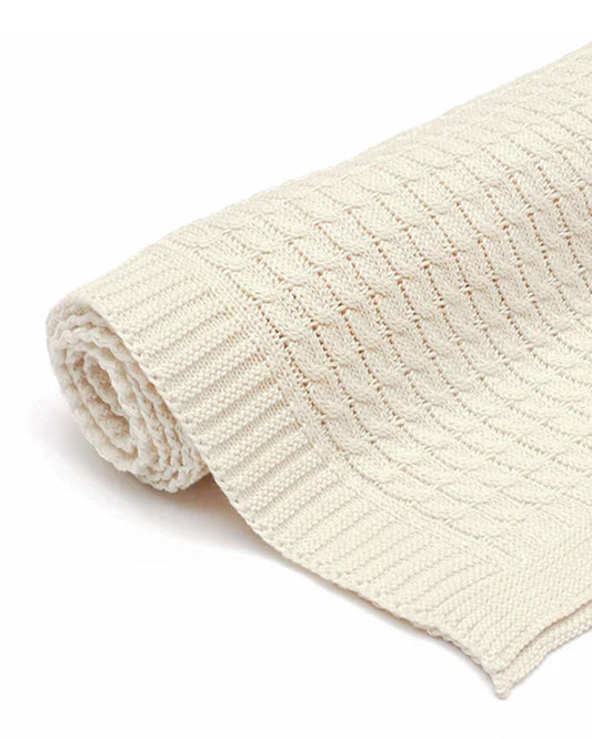 Bambini Cute Cables Knitted Baby Blanket-100% Cotton-Ivory-For Infants