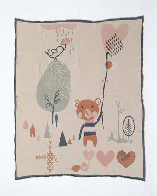 Bambini Teddy's Playground Baby Blanket-100% Cotton-Tan-For Infants