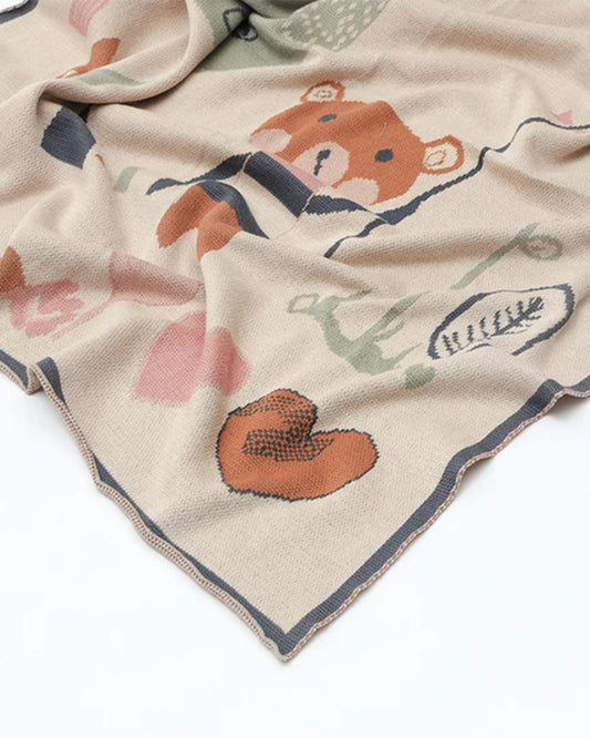 Bambini Teddy's Playground Baby Blanket-100% Cotton-Tan-For Infants