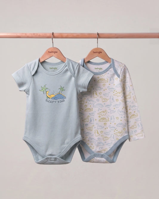Twingle 100% Organic Cotton Bodysuit-Envelope Neck for Easy Dressing-Nickel Free Snaps-Dino Print-Light Blue-Pack of 2-For Infants