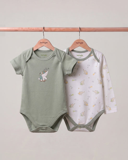 Twingle 100% Organic Cotton Bodysuit-Envelope Neck for Easy Dressing-Nickel Free Snaps-Elephant Print-Sage Green-Pack of 2-For Infants