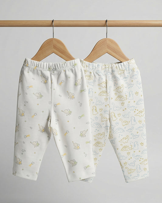 Twingle 100% Organic Cotton Leggings-Soft Elasticated Waistband-No Itchy Tags-Elephant & Dino Print-White-Pack of 2-For Infants