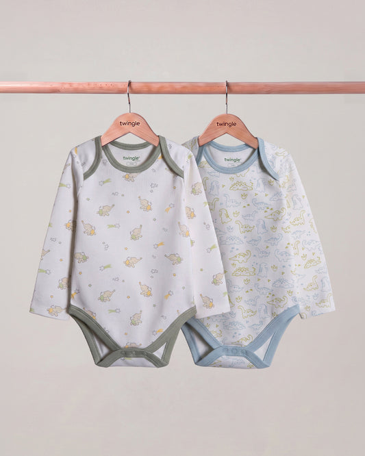Twingle 100% Organic Cotton Bodysuits-Envelope Neck for Easy Dressing-Nickel Free Snaps-Long Sleeves-Elephant & Dino Print-White-Pack of 2-For Infants