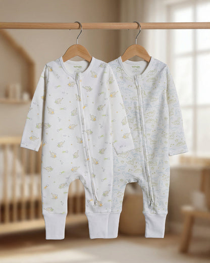 Twingle 100% Organic Cotton Sleepsuit-Zip Guard to Protect Baby's Chin & Neck-Two Way Zipper for Easy Diaper Change-Inbuilt Booties & Mittens-Elephant & Dino Print-White-Pack of 2-For Infants
