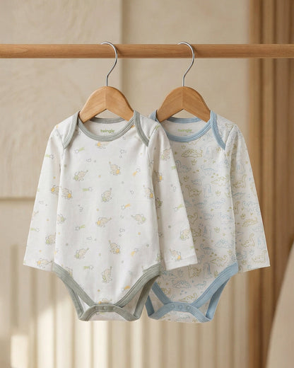 Twingle 100% Organic Cotton Bodysuits-Envelope Neck for Easy Dressing-Nickel Free Snaps-Long Sleeves-Elephant & Dino Print-White-Pack of 2-For Infants