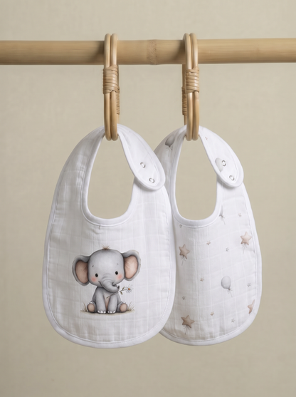 Twingle 100% Organic Muslin Bib-Soft Terry on the Back for maximum Absorbency-Trusted YKK Snaps-Ellie Elephant-Pack of 2-For Infants