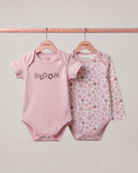 Twingle 100% Organic Cotton Bodysuit-Envelope Neck for Easy Dressing-Nickel Free Snaps-Floral Print-Pastel Pink-Pack of 2-For Infants