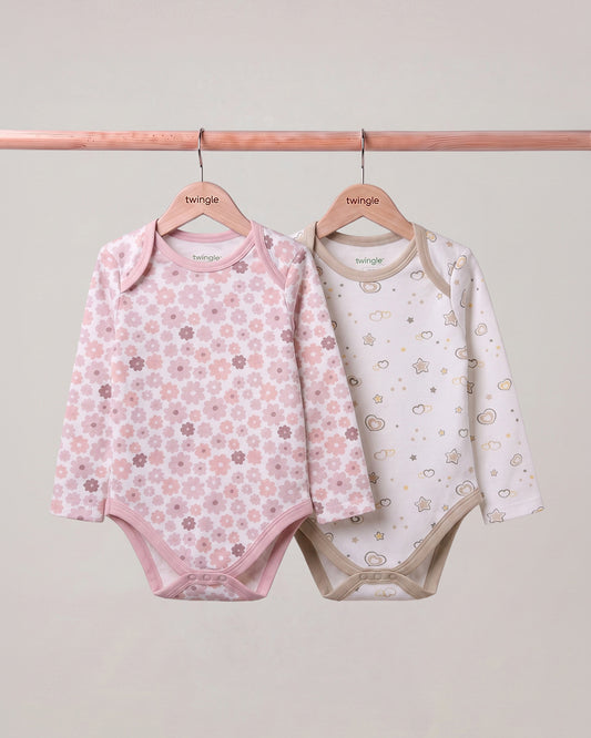 Twingle 100% Organic Cotton Bodysuits-Envelope Neck for Easy Dressing-Nickel Free Snaps-Long Sleeves-Solid-Pastel Pink & White-Pack of 2-For Infants
