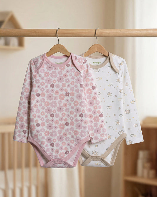 Twingle 100% Organic Cotton Bodysuits-Envelope Neck for Easy Dressing-Nickel Free Snaps-Long Sleeves-Solid-Pastel Pink & White-Pack of 2-For Infants
