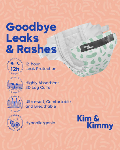 Kim & Kimmy Green Dalmatians Taped Diapers-NB (Upto 5Kg)-With Wetness Indicator