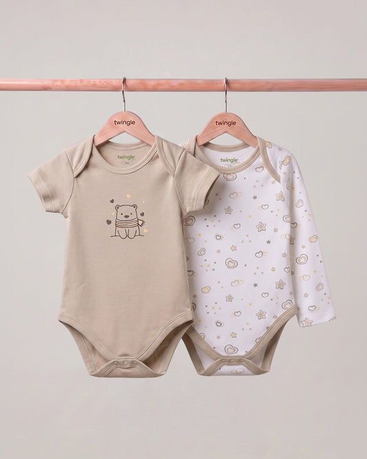 Twingle 100% Organic Cotton Bodysuit-Envelope Neck for Easy Dressing-Nickel Free Snaps-Hearts & Stars Print-Beige-Pack of 2-For Infants