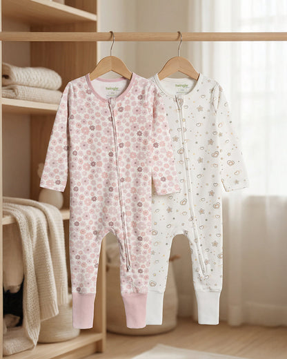 Twingle 100% Organic Cotton Sleepsuits-Zip Guard to Protect Baby's Chin & Neck-Two Way Zipper for Easy Diaper Change-Inbuilt Booties & Mittens-Long Sleeves-Hearts & Stars & Floral Print-White & Pastel Pink-Pack of 2-For Infants
