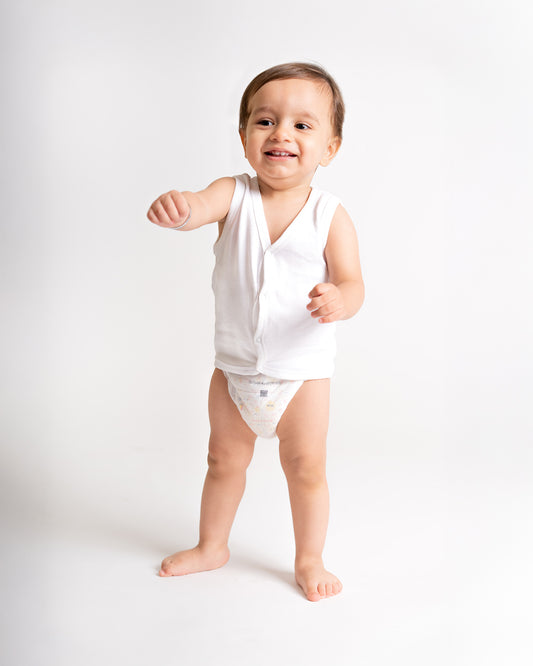 Twingle Snow White Front Open Sleeveless Jhabla Vest-Solid-100% Organic Cotton-Pack of 3-For Infants