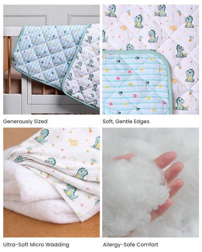 Twingle 100% Organic Muslin Reversible Baby Quilt-Dino Dare & Paw Strokes-High Twist Yarn for Lasting Softness-Eco Certified Genesta Inks for Skin-Safe Prints-White & Blue-For Infants