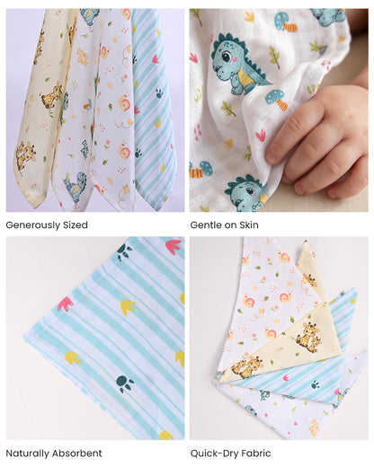 Twingle 100% Organic Muslin Wipes cum Wash Cloth-Naturally Softens With Each Wash-Quick Dry Fabric-Dino-Paw-Giffy & Snail Print-Pack of 4-For Infants