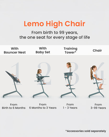 Cybex Lemo 4 in 1 High Chair-With Bouncer Seat, Baby Set & Tray-Individual Height & Depth Adjustment of Seat & Footrest-Anti Tip Rear Wheels for Easy Movement-2 Years Warranty-For 0 to 99Y (Upto 120 Kg)-Stunning Black