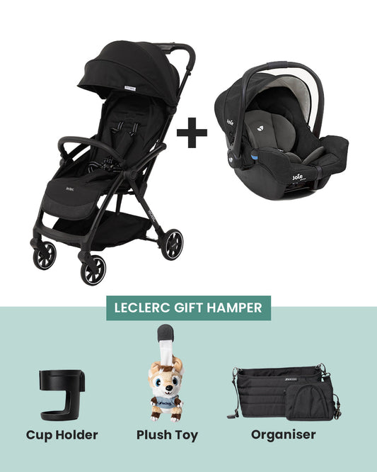 Leclerc Magic Fold Plus Lightweight Baby Stroller & Joie Gemm Car Seat Travel System-Stroller: (Cabin Friendly, One Touch Fold, For 6M to 5Y)-Car Seat: (Airline Certified, Side Impact Protection, Upto 13 Kg)-Includes Car Seat Adapters-Black & Shale