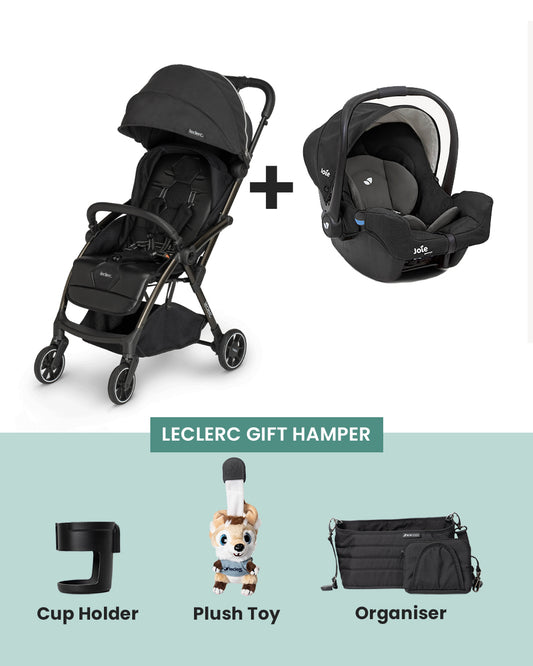 Leclerc Hexagon Lightweight Baby Stroller & Joie Gemm Car Seat Travel System-Stroller: (Cabin Friendly, One Touch Fold, For 6M to 5Y)-Car Seat: (Airline Certified, Side Impact Protection, Upto 13 Kg)-Includes Car Seat Adapters-Carbon Black & Shale