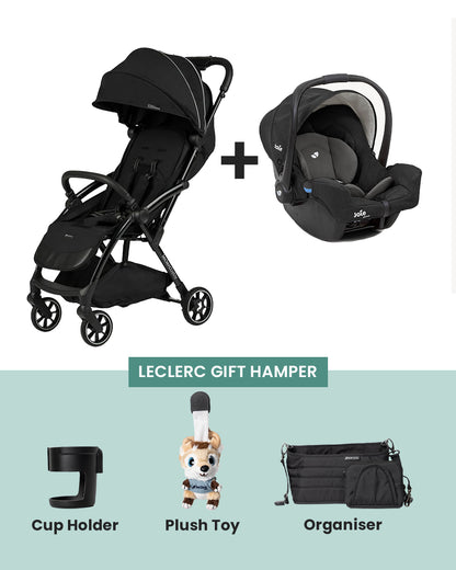 Leclerc Influencer Air Lightweight Baby Stroller & Joie Gemm Car Seat Travel System-Stroller: (Cabin Friendly, One Touch Fold, For 6M to 5Y)-Car Seat: (Airline Certified, Side Impact Protection, Upto 13 Kg)-Includes Car Seat Adapters-Piano Black & Shale