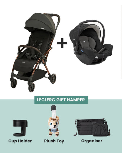 Leclerc Influencer Lightweight Baby Stroller & Joie Gemm Car Seat Travel System-Stroller: (Cabin Friendly, One Touch Fold, For 6M to 5Y)-Car Seat: (Airline Certified, Side Impact Protection, Upto 13 Kg)-Includes Car Seat Adapters-Black Brown & Shale